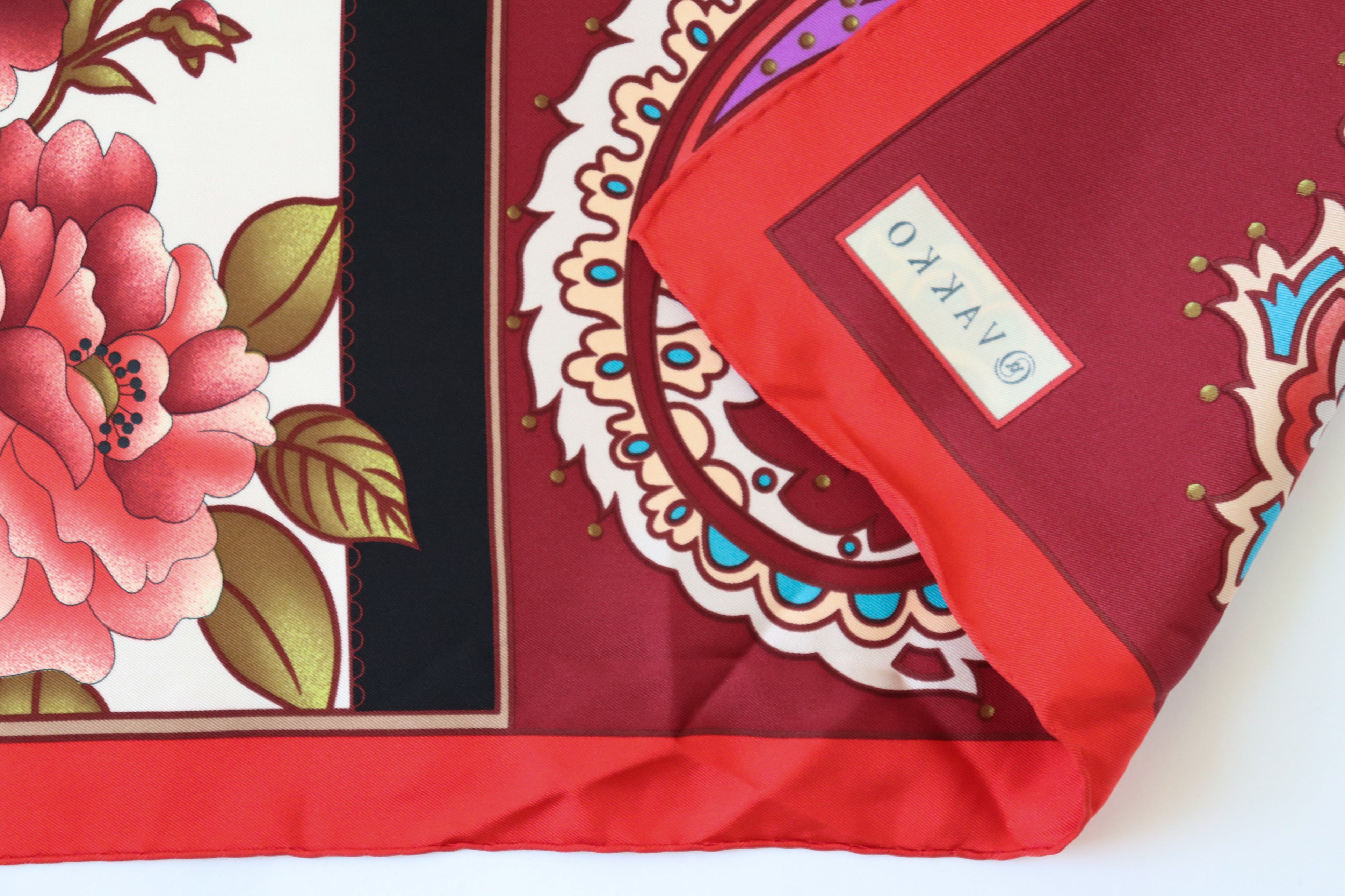 Vakko Silk Scarf - Red Floral / Paisley Peasant Print - 90 x 90 - LARGE
