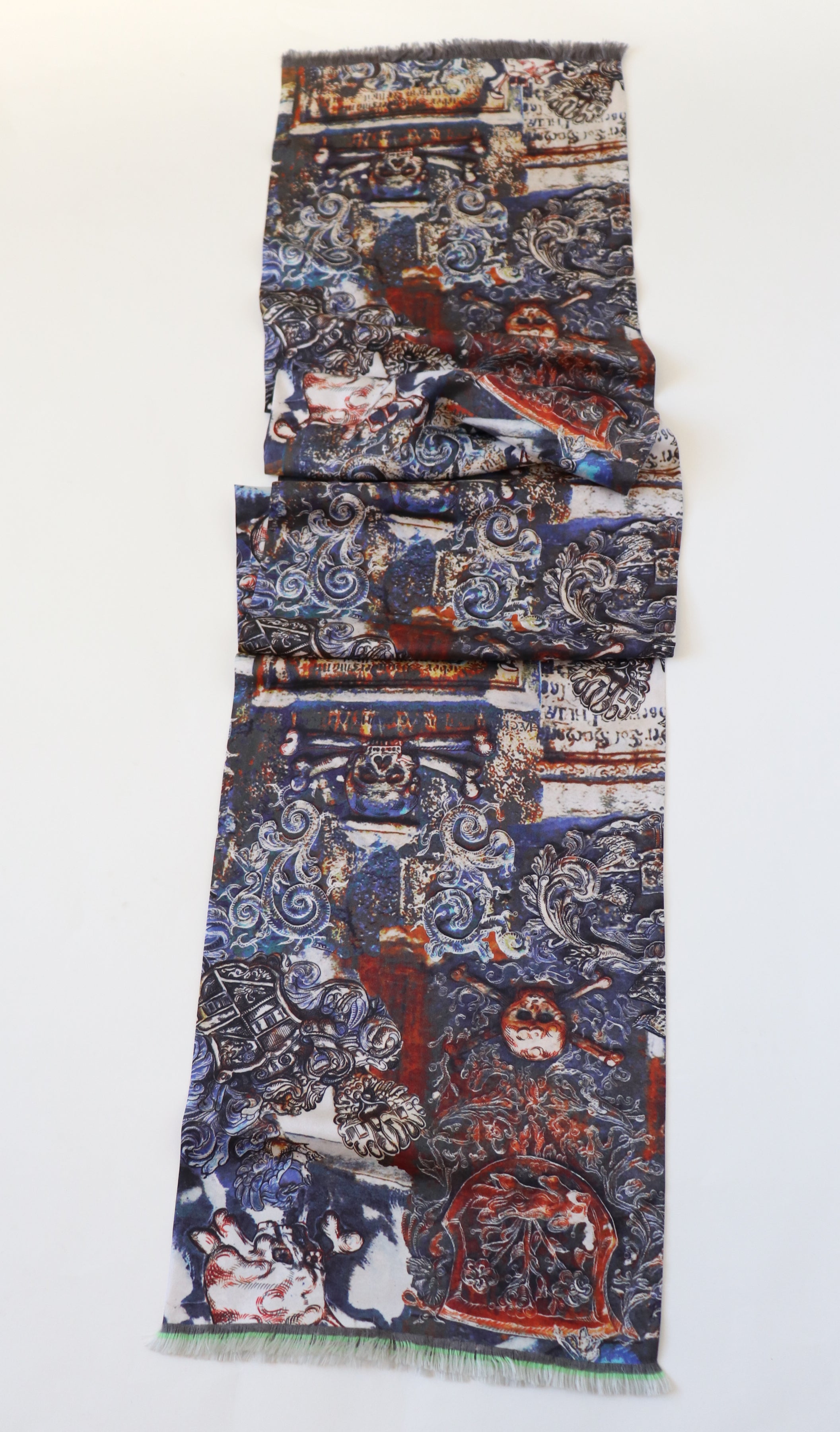 Long Silk Scarf - Gothic Print - Unisex - Brown / Blue - Long