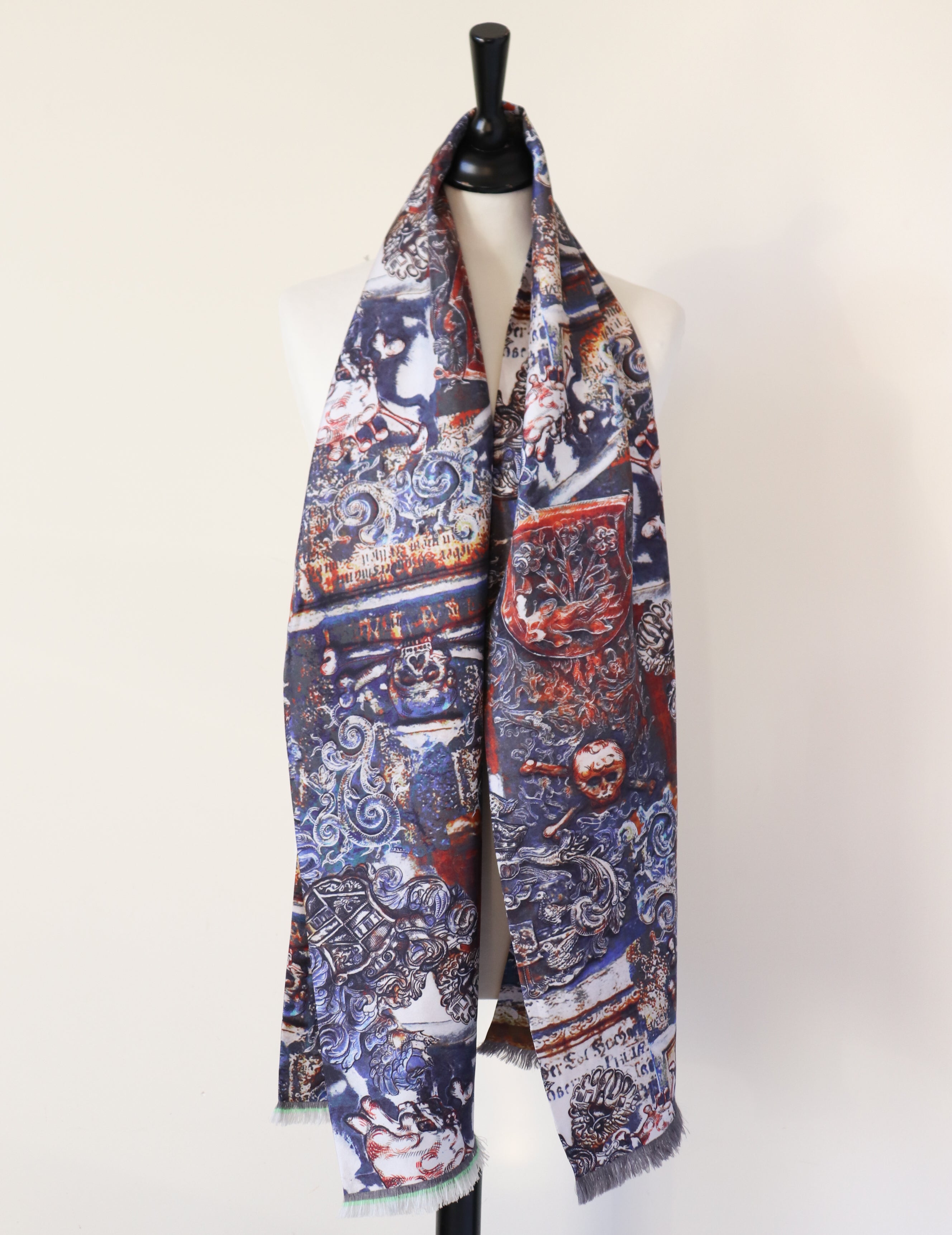 Long Silk Scarf - Gothic Print - Unisex - Brown / Blue - Long