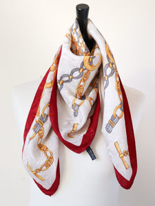 Vintage Silk Scarf - Gilt Chain Print - Cream / Burgundy Red  -  LARGE