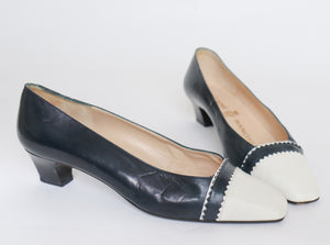 Toe Cap Pumps - Blue / White   Vintage  Leather  shoes - Fit  NARROW 37 / UK 4