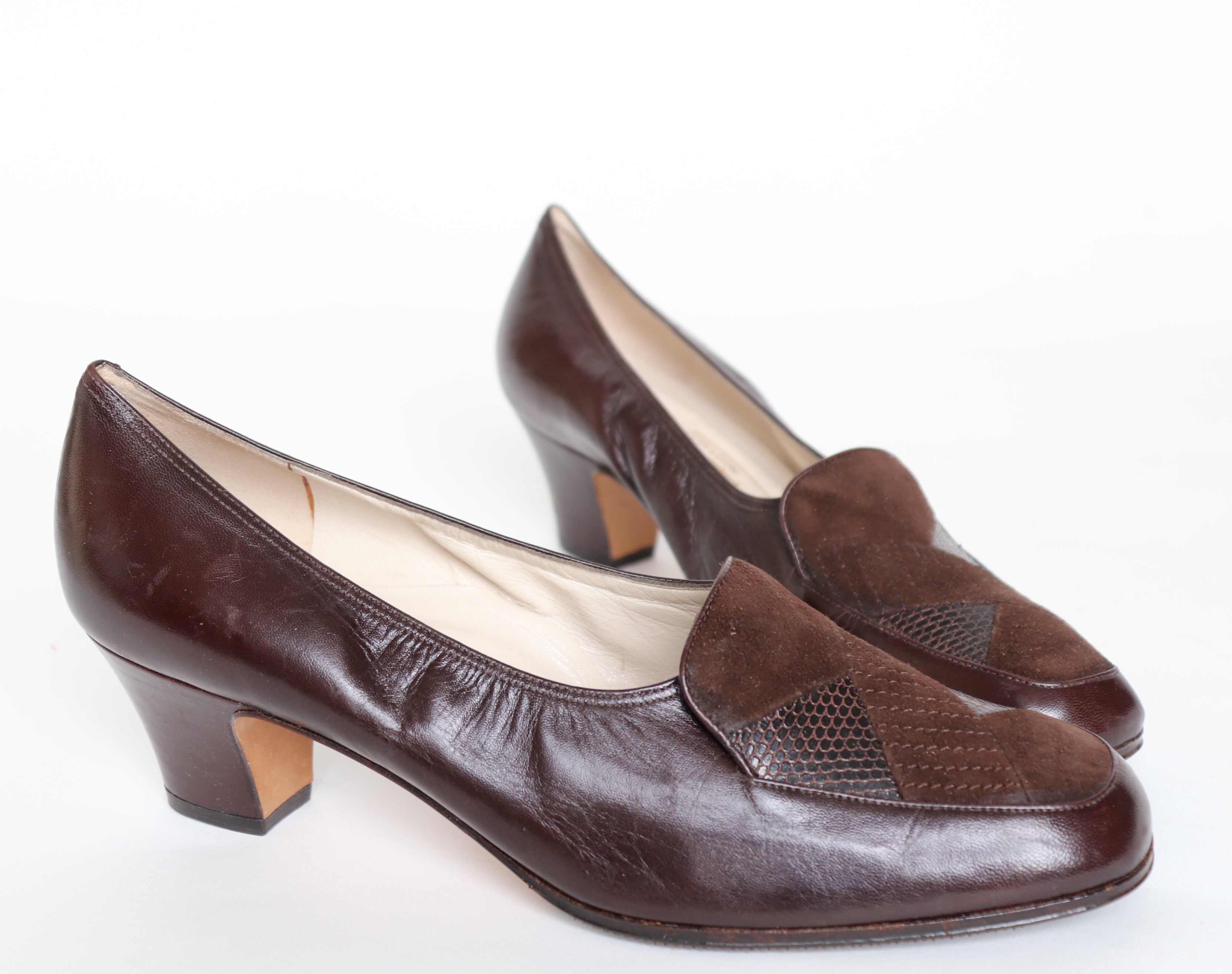 Vintage 1980s Heel Loafers - Brown Leather - 1940s style - Fit 39 / UK 6