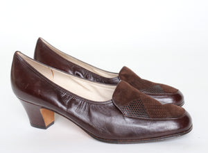 Vintage 1980s Heel Loafers - Brown Leather - 1940s style - Fit 39 / UK 6