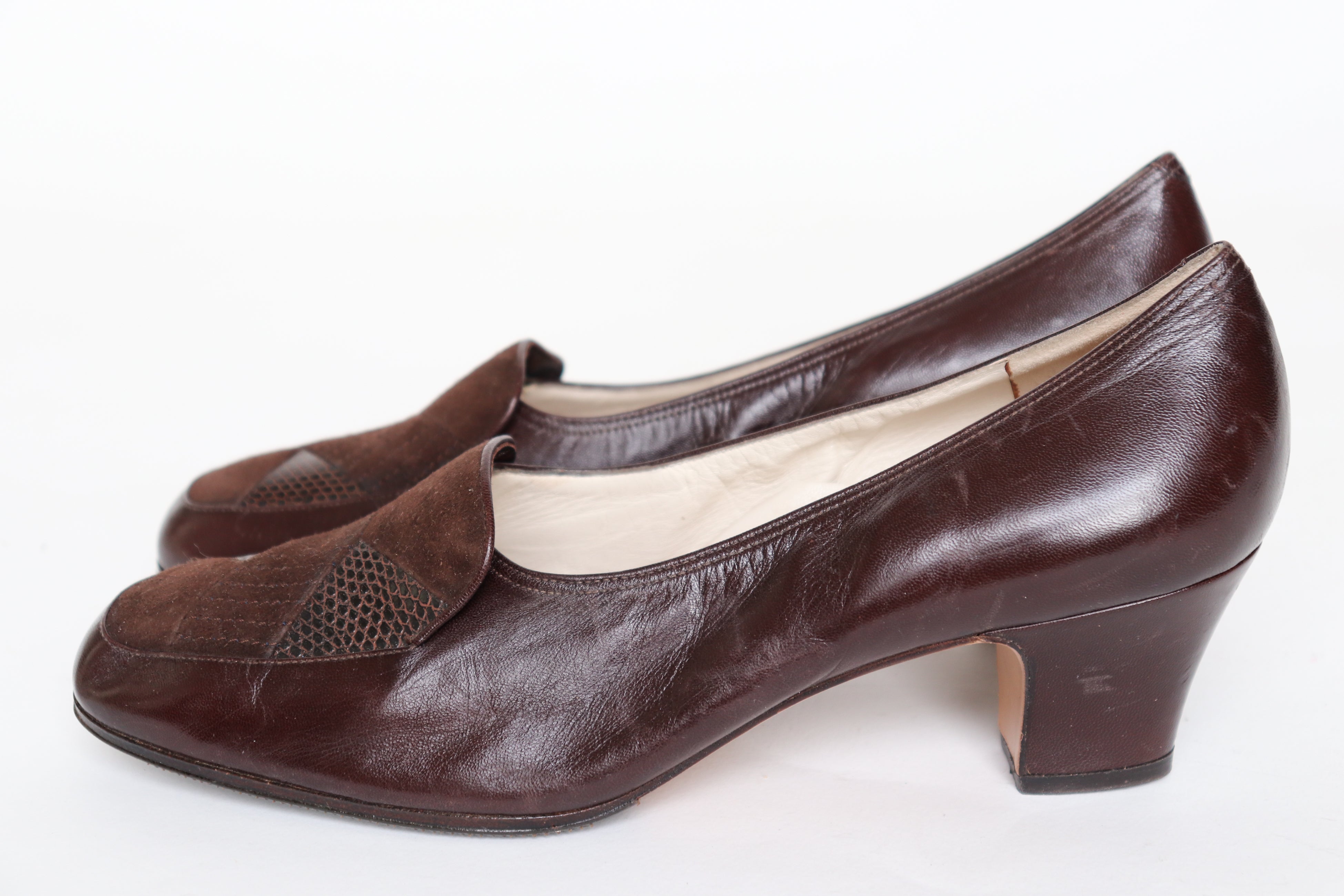 Vintage 1980s Heel Loafers - Brown Leather - 1940s style - Fit 39 / UK 6