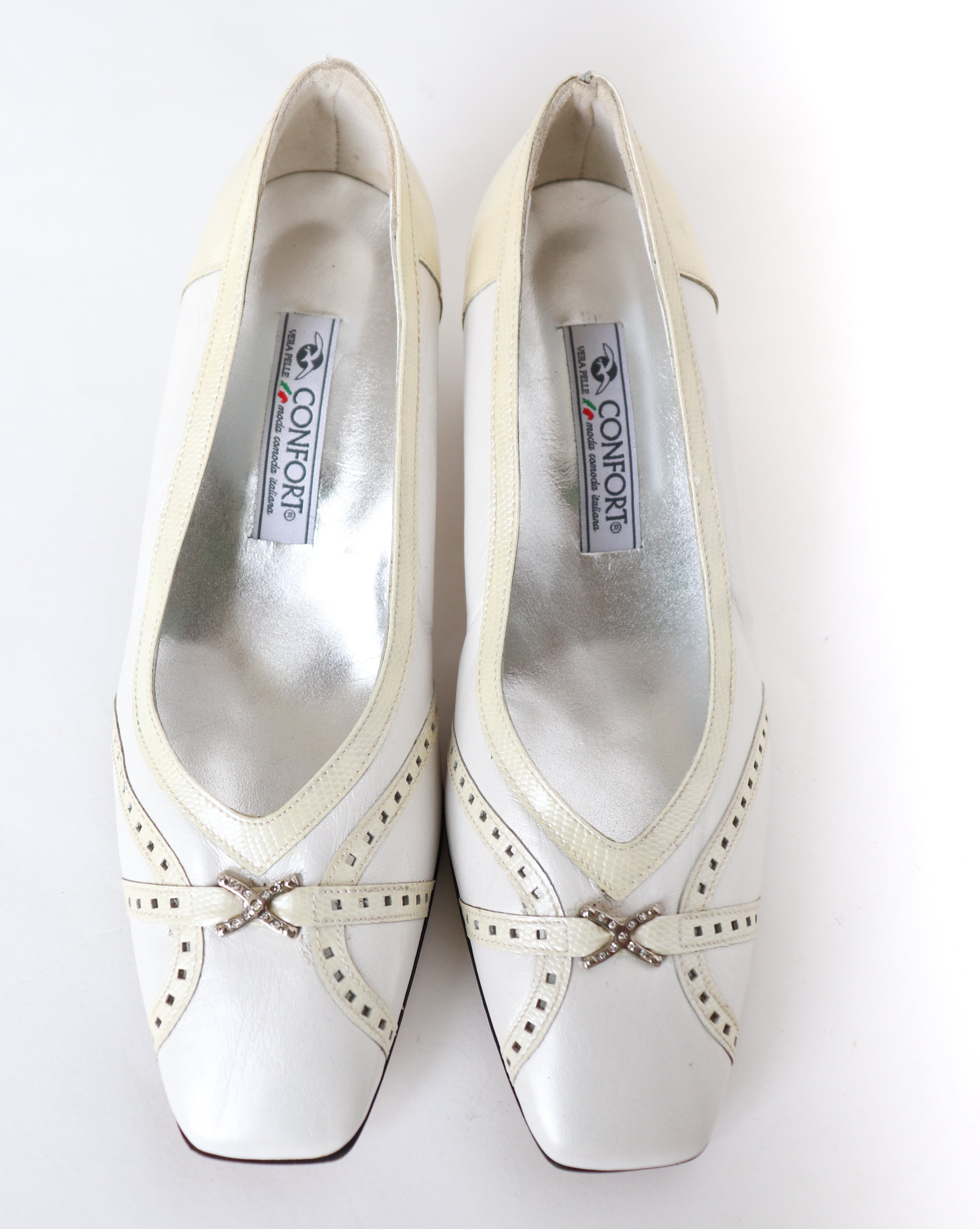 Queen Mother Shoes - Vintage White Leather Block Heel - Confort - 38 / UK 5 Narrow