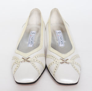 Queen Mother Shoes - Vintage White Leather Block Heel - Confort - 38 / UK 5 Narrow