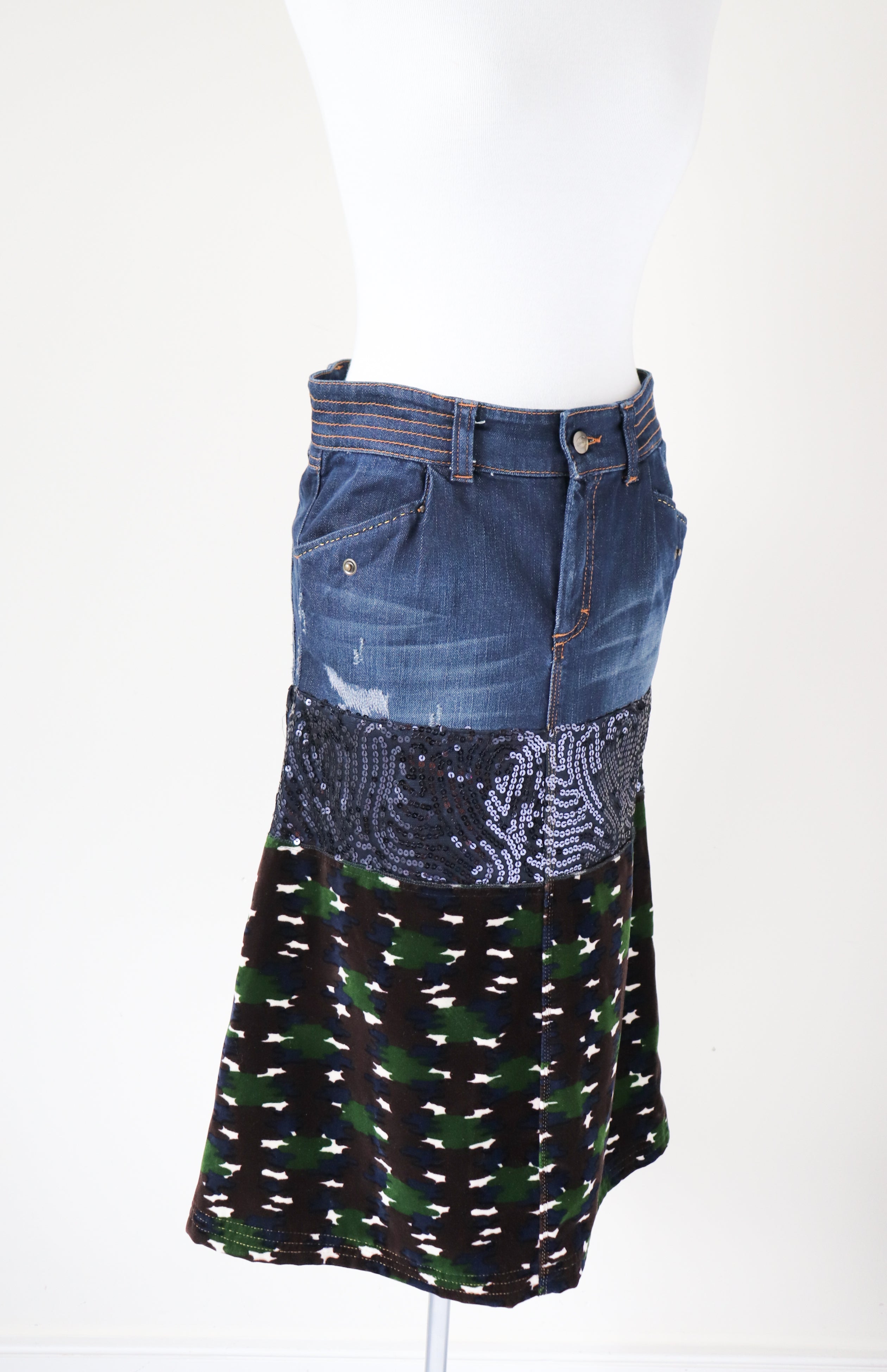 Just Cavalli Midi Skirt - Denim / Sequin / Camouflage - 42 / M / UK 12