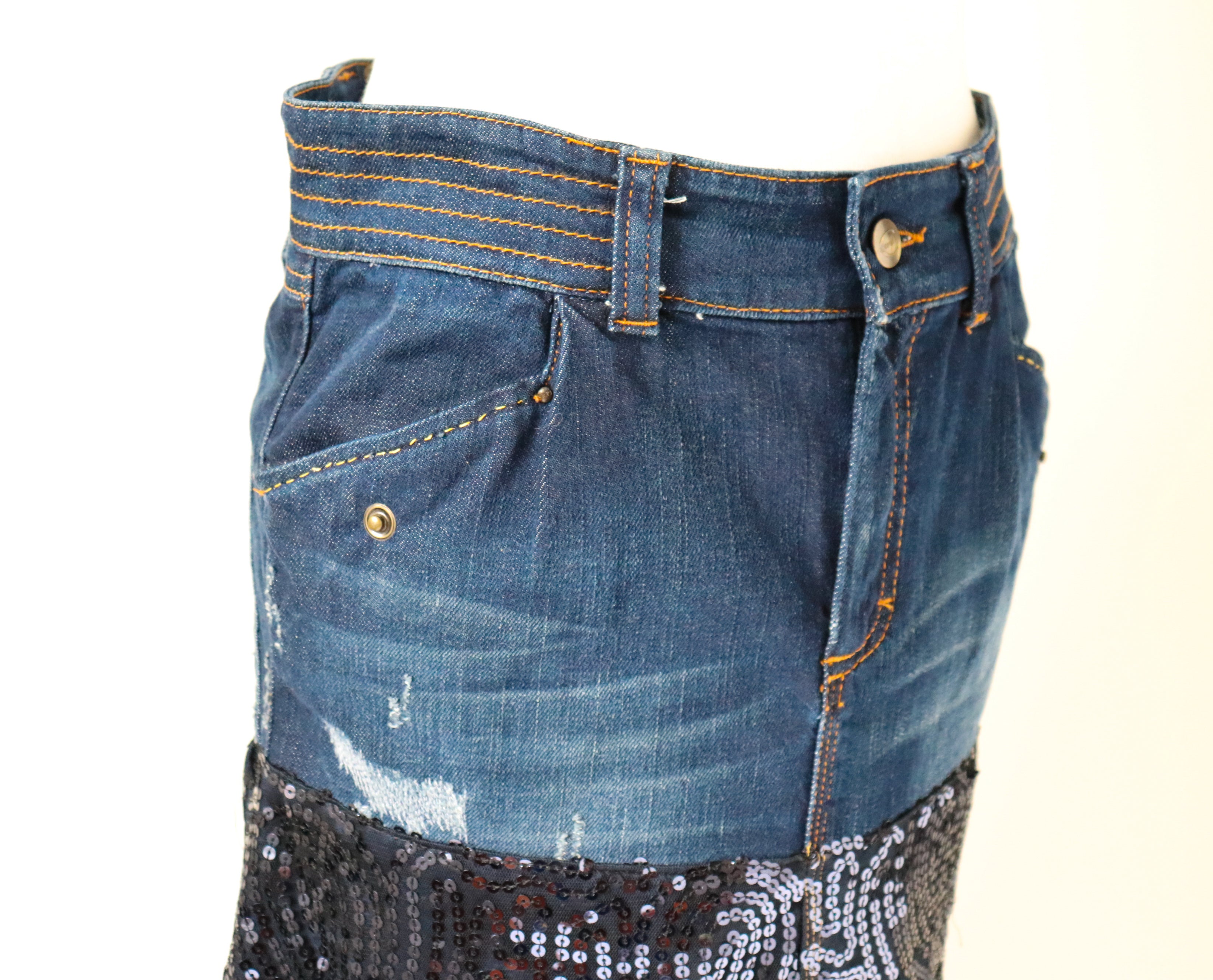 Just Cavalli Midi Skirt - Denim / Sequin / Camouflage - 42 / M / UK 12