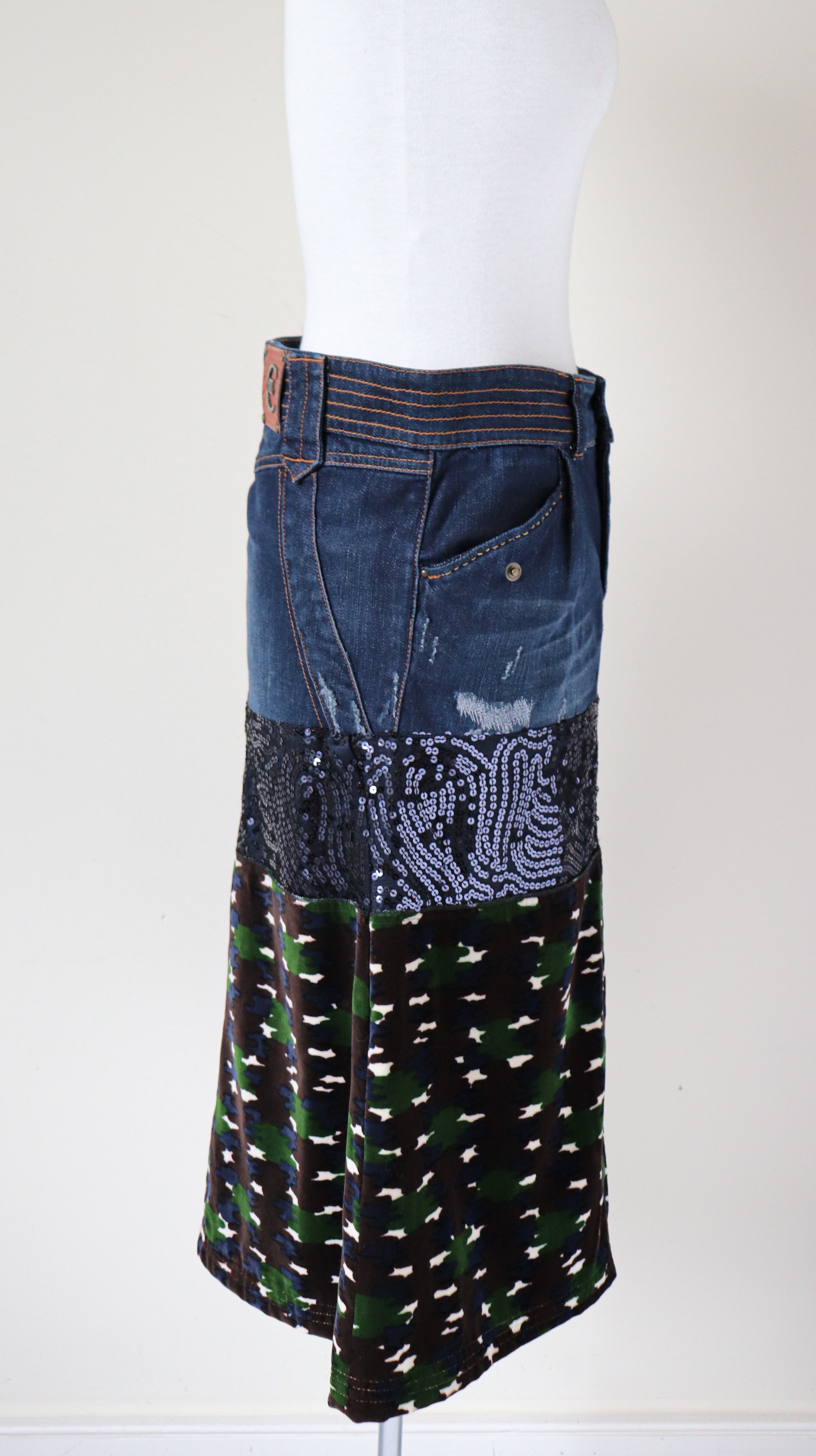Just Cavalli Midi Skirt - Denim / Sequin / Camouflage - 42 / M / UK 12