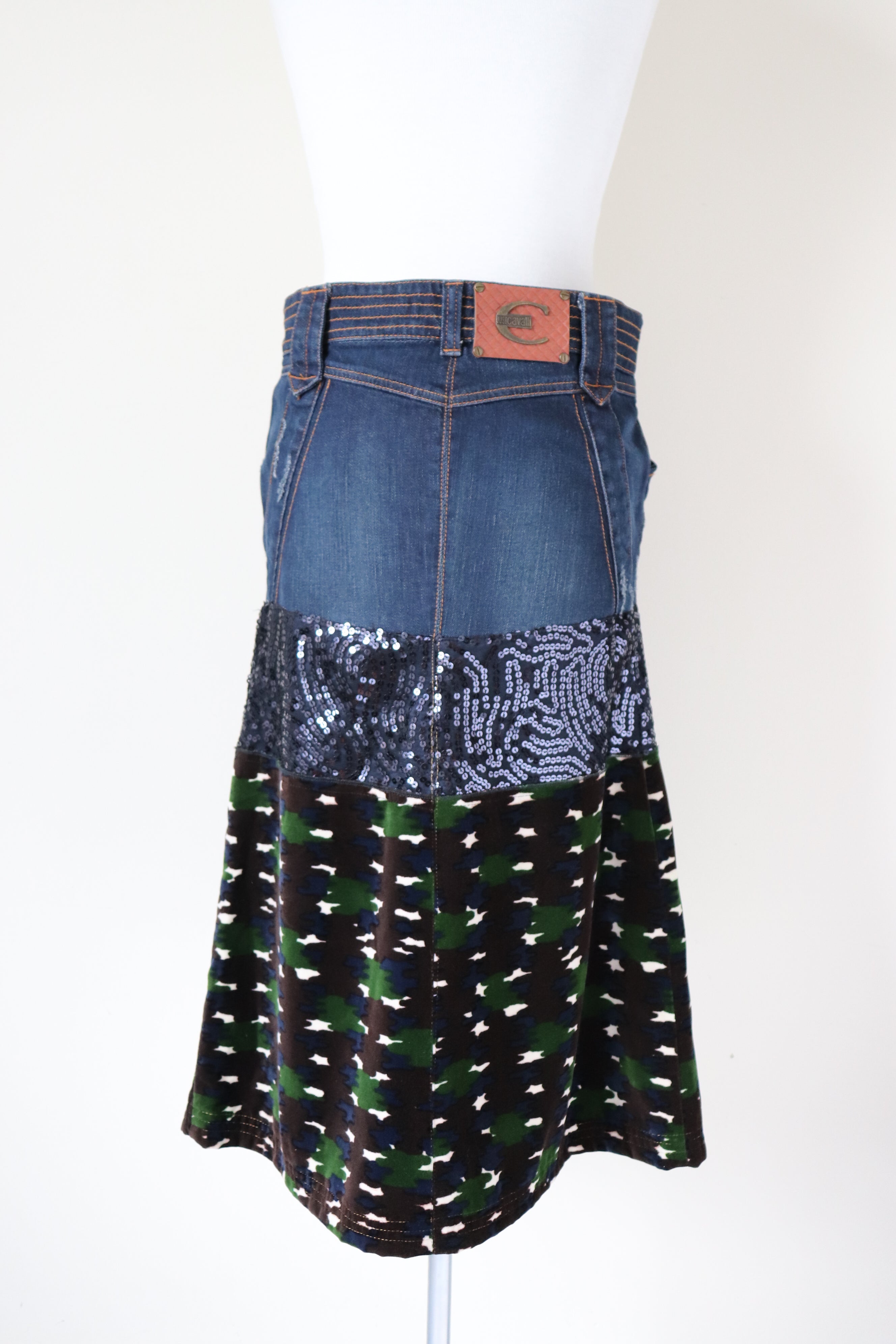 Just Cavalli Midi Skirt - Denim / Sequin / Camouflage - 42 / M / UK 12