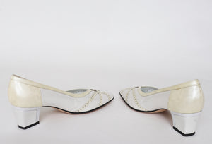 Queen Mother Shoes - Vintage White Leather Block Heel - Confort - 38 / UK 5 Narrow