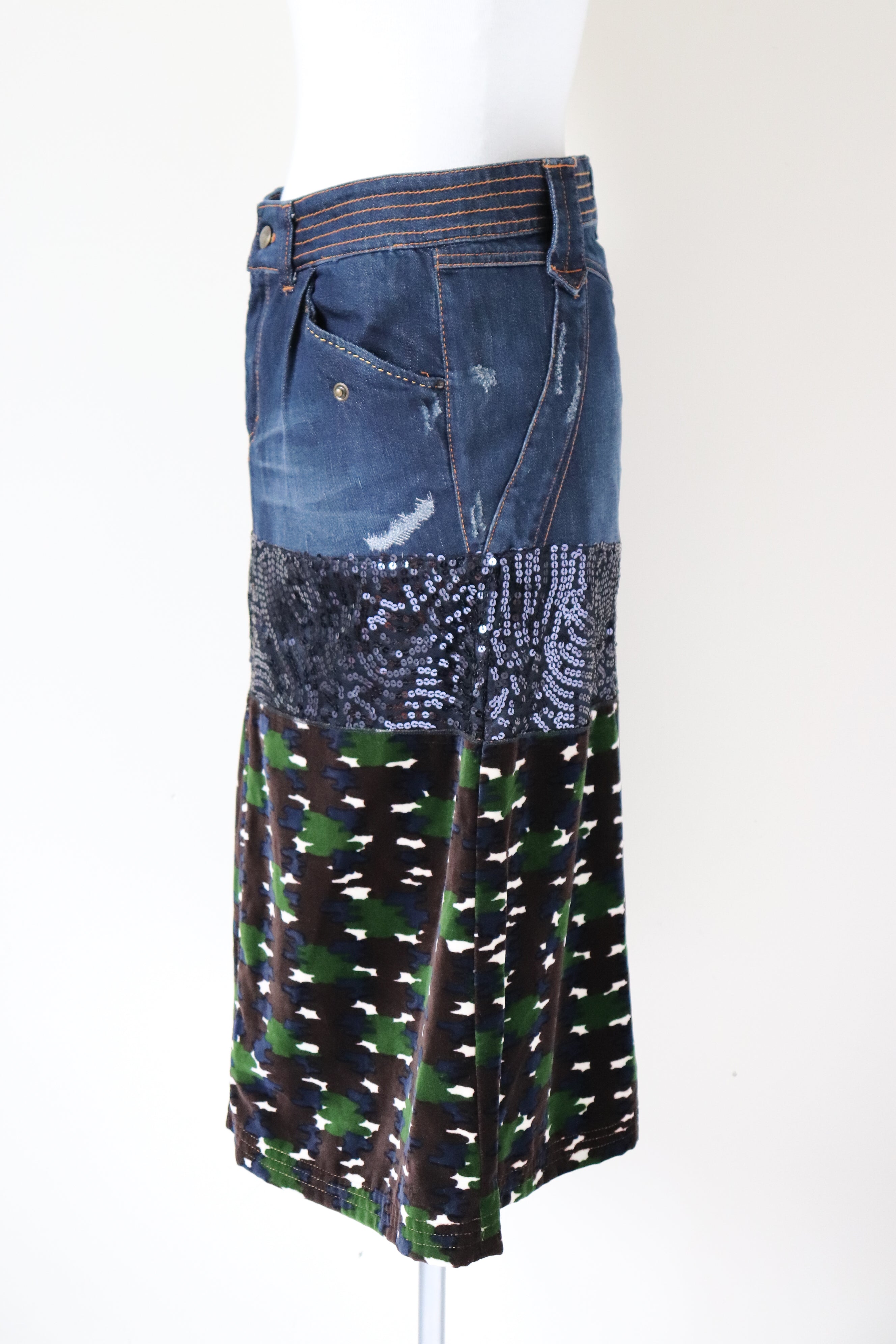 Just Cavalli Midi Skirt - Denim / Sequin / Camouflage - 42 / M / UK 12