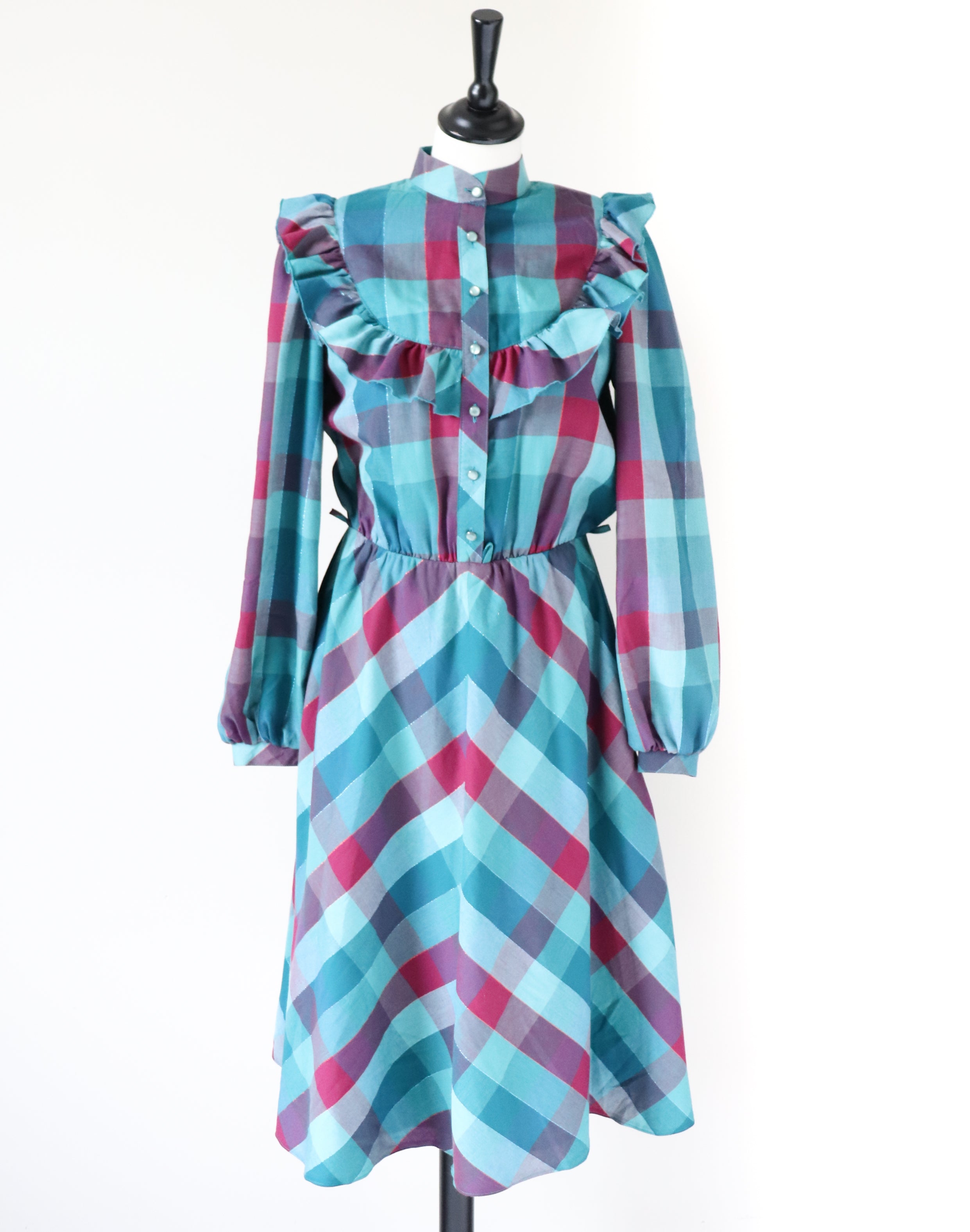 Vintage  Prairie Dress - Long Sleeves 1980s - Green Plaid Check  S / UK 10