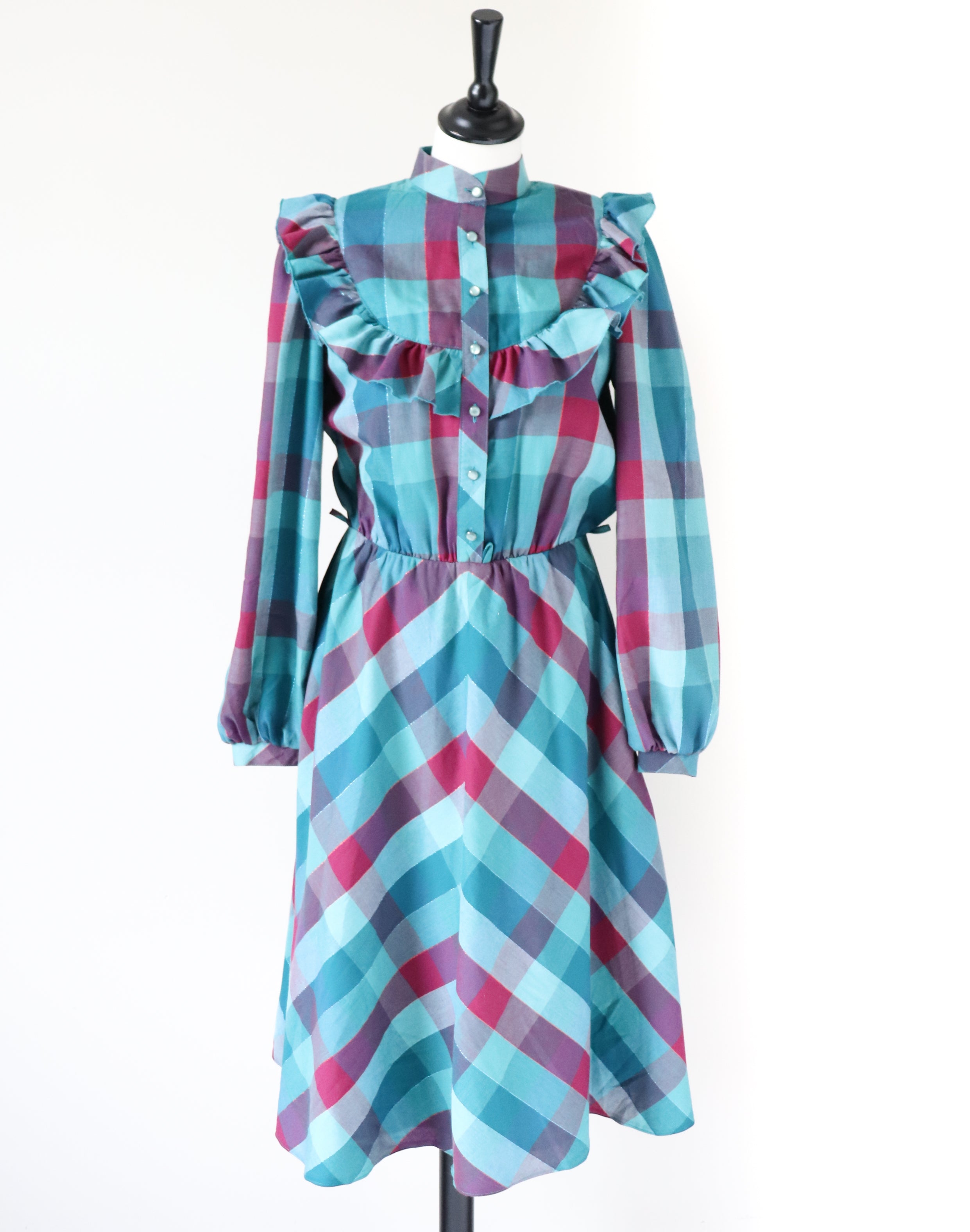 Vintage  Praire Dress - Long Sleeves 1980s - Green Plaid Check  S / UK 10