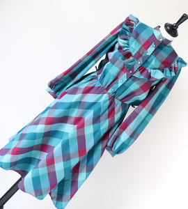 Vintage  Prairie Dress - Long Sleeves 1980s - Green Plaid Check  S / UK 10
