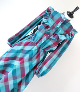 Vintage  Prairie Dress - Long Sleeves 1980s - Green Plaid Check  S / UK 10