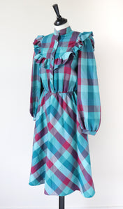Vintage  Prairie Dress - Long Sleeves 1980s - Green Plaid Check  S / UK 10