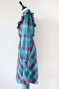 Vintage  Prairie Dress - Long Sleeves 1980s - Green Plaid Check  S / UK 10