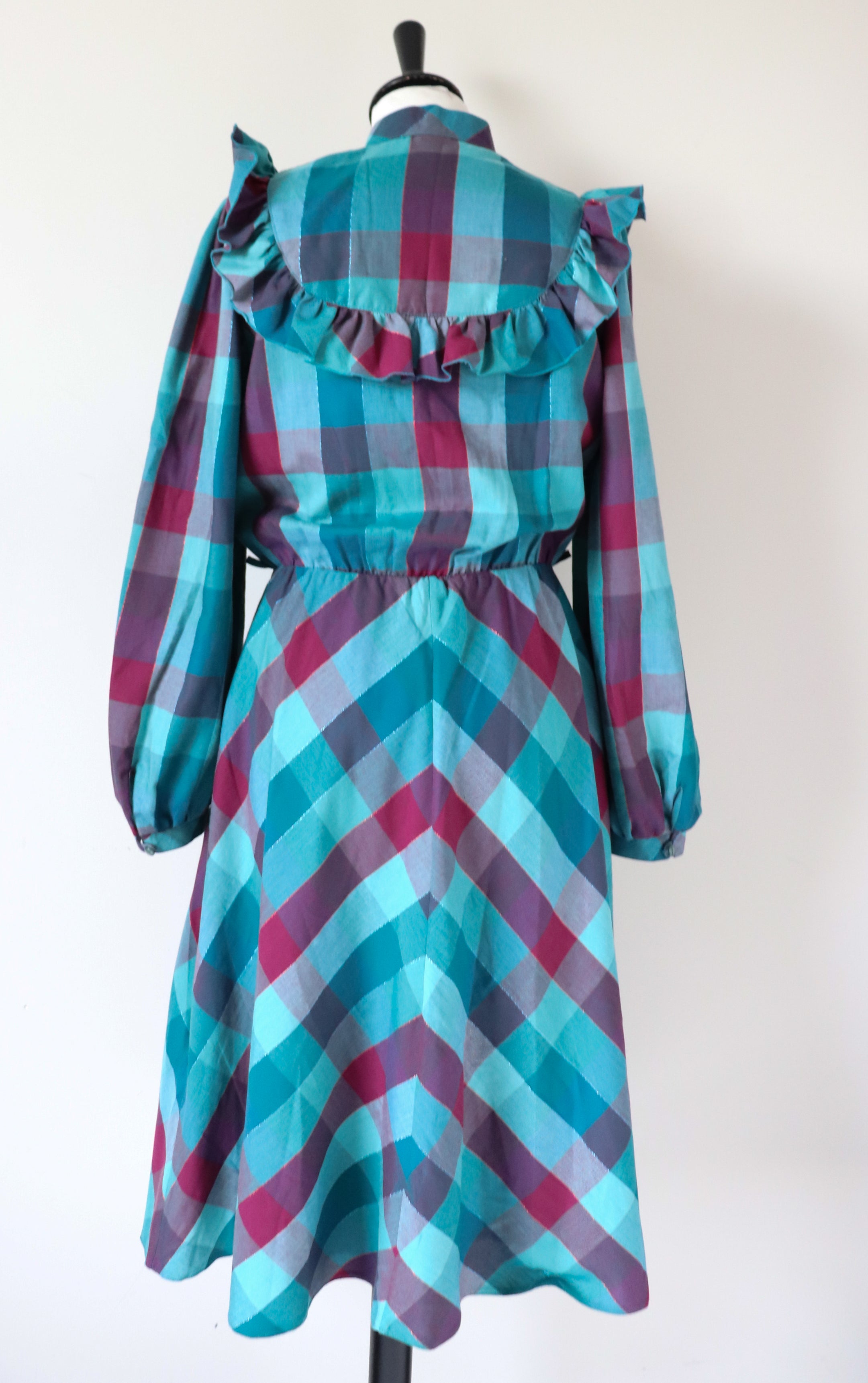 Vintage  Prairie Dress - Long Sleeves 1980s - Green Plaid Check  S / UK 10