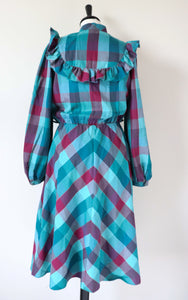 Vintage  Prairie Dress - Long Sleeves 1980s - Green Plaid Check  S / UK 10