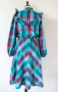 Vintage  Praire Dress - Long Sleeves 1980s - Green Plaid Check  S / UK 10