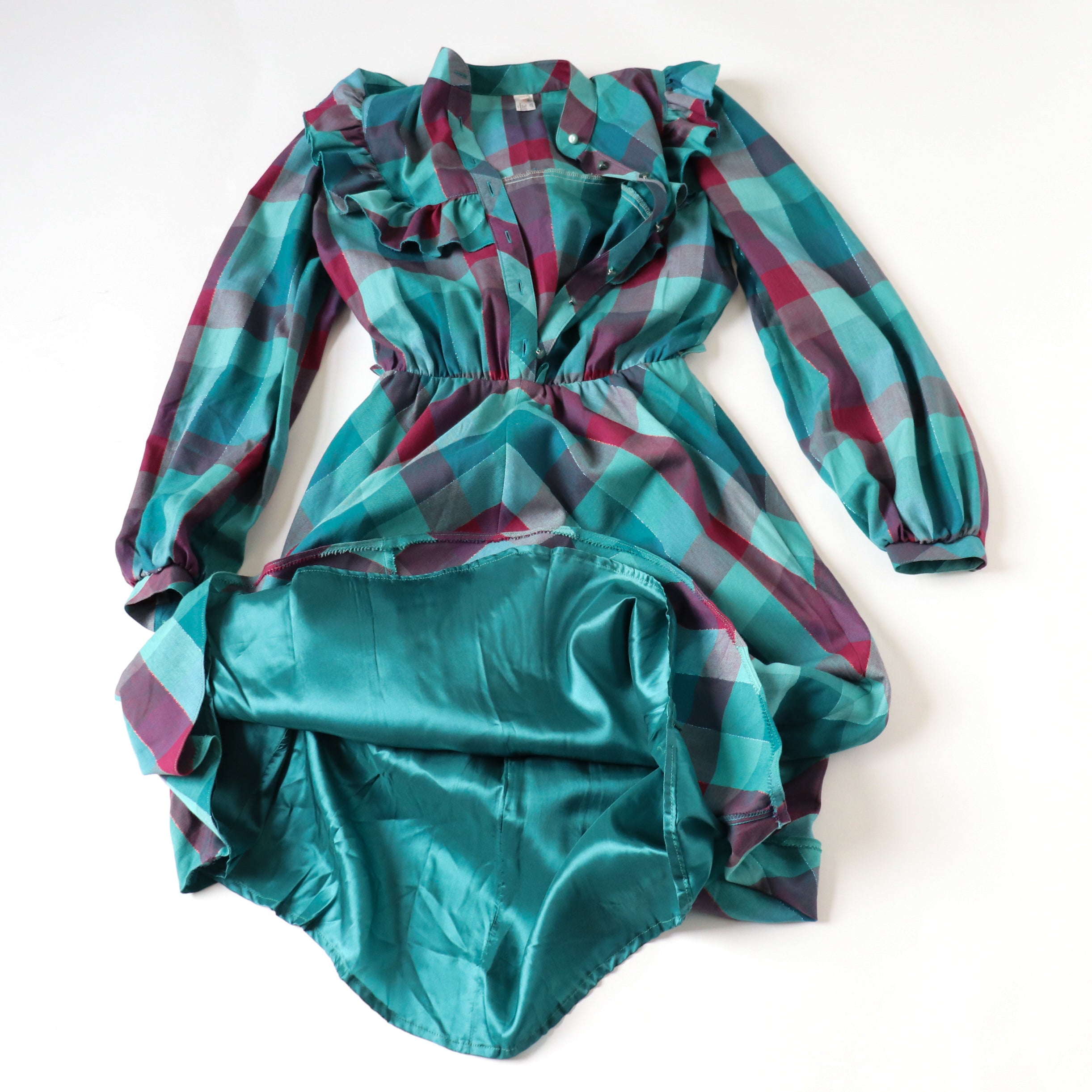 Vintage  Prairie Dress - Long Sleeves 1980s - Green Plaid Check  S / UK 10