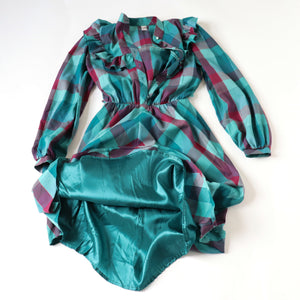 Vintage  Prairie Dress - Long Sleeves 1980s - Green Plaid Check  S / UK 10