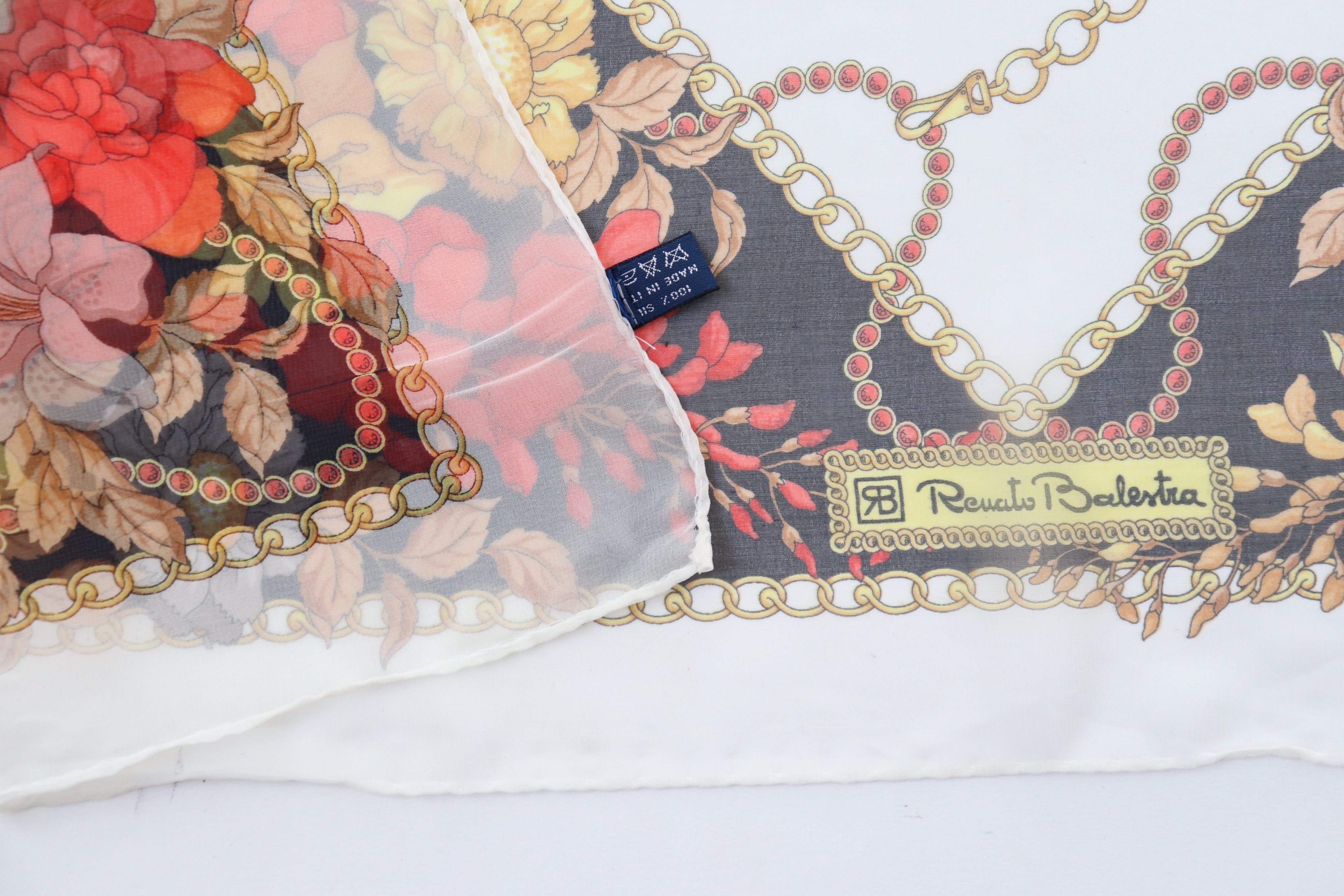 Renato Balestra Vintage Chiffon Silk Scarf - Ivory  / Floral / Chains Print  - LARGE