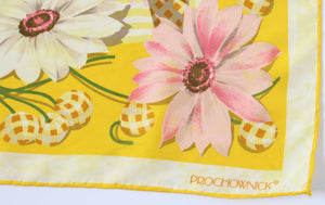 Prochownick Silk Scarf - Yellow Floral / Gingham Check  Print - 90 x 90 - LARGE