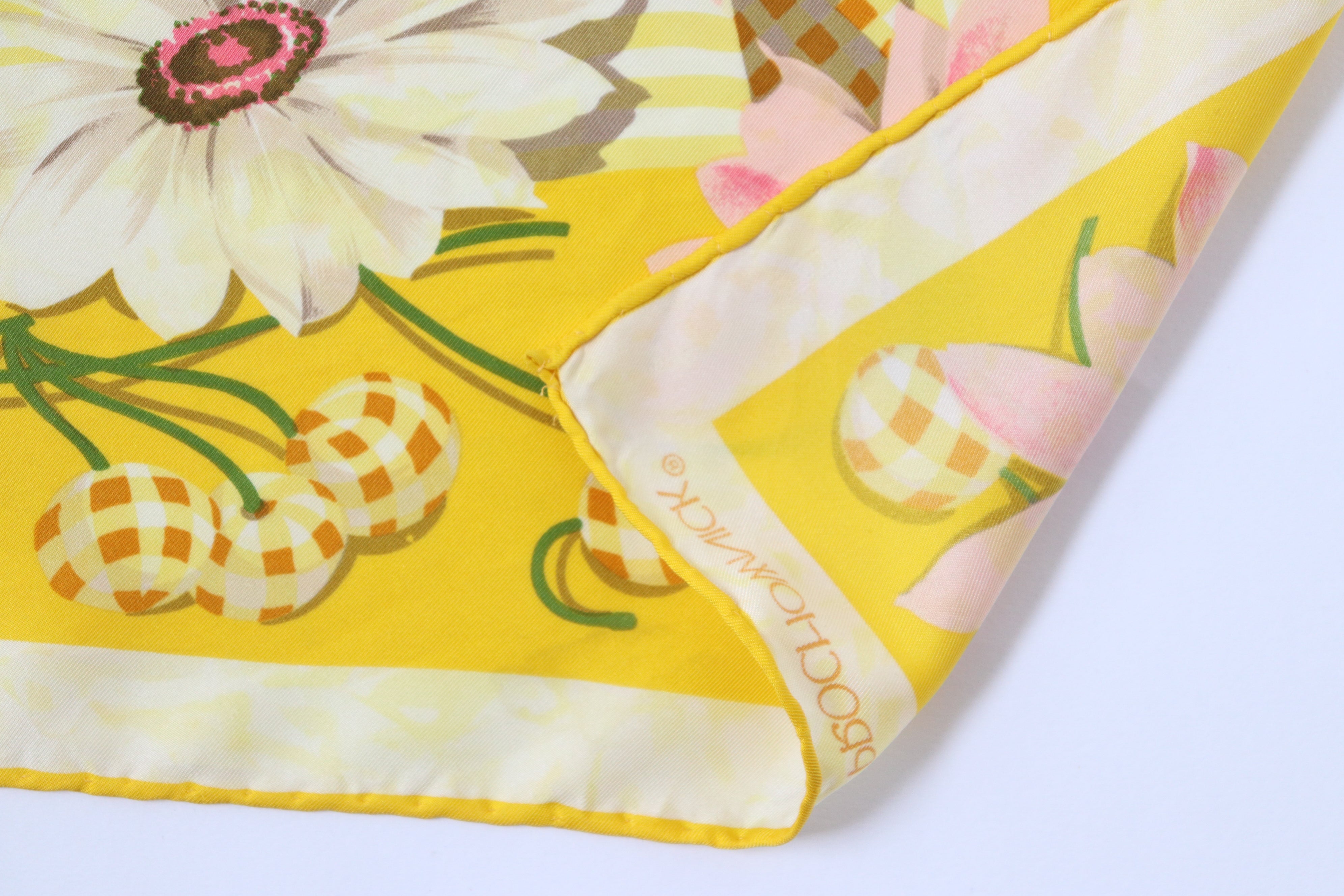 Prochownick Silk Scarf - Yellow Floral / Gingham Check  Print - 90 x 90 - LARGE