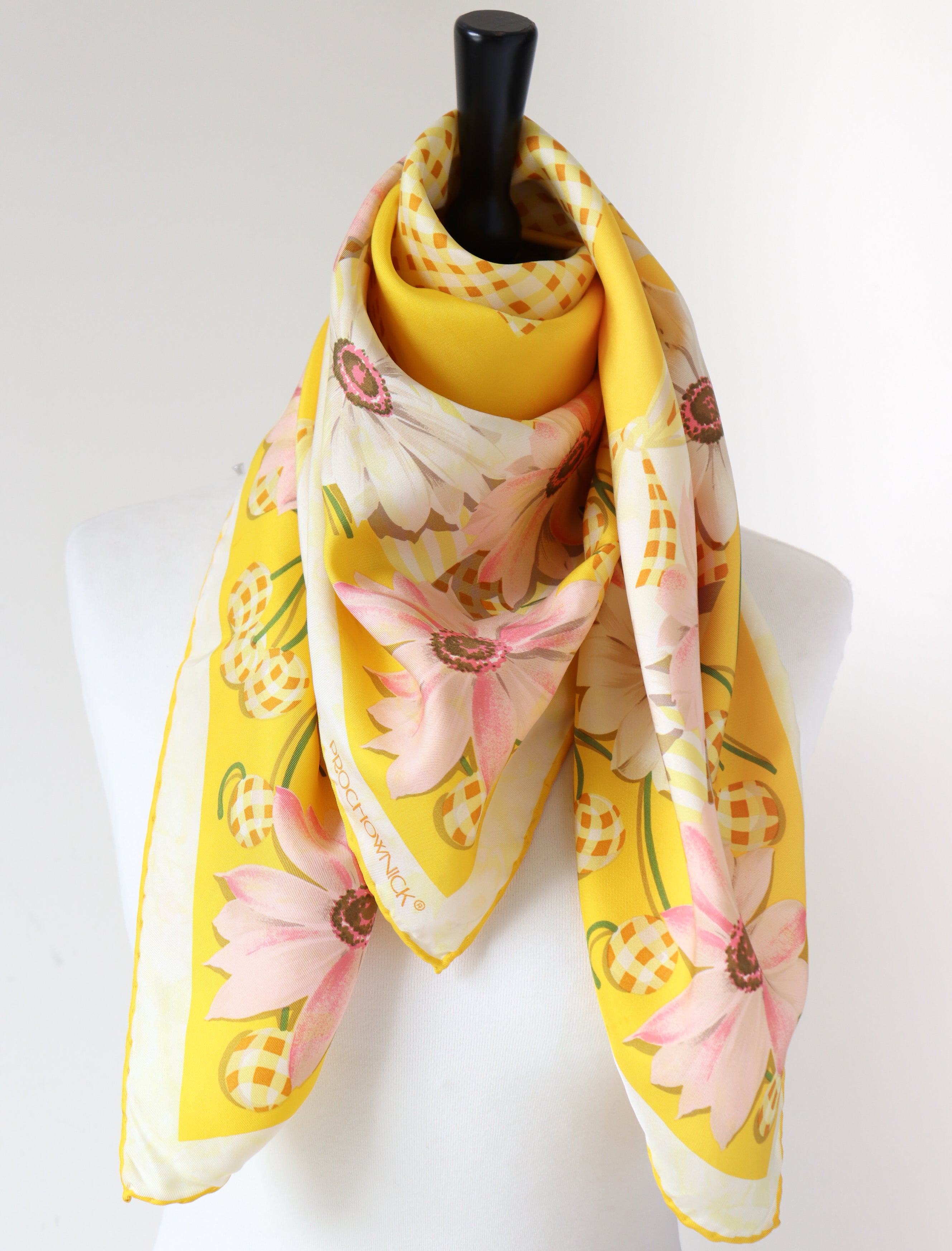 Prochownick Silk Scarf - Yellow Floral / Gingham Check  Print - 90 x 90 - LARGE