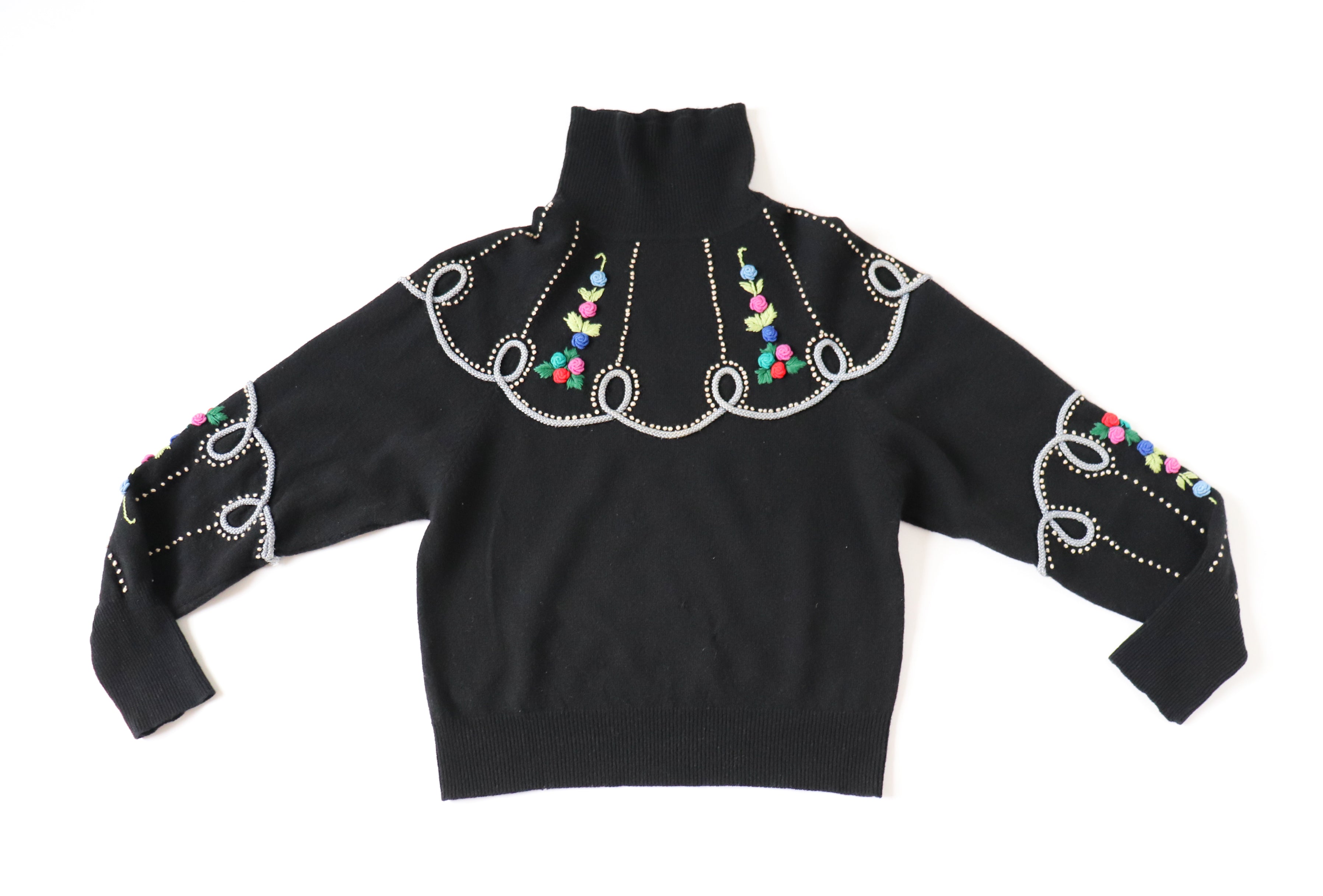 Vintage Wool Black Jumper - 1940s Style Embroidered - S / UK 10