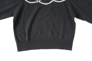 Vintage Wool Black Jumper - 1940s Style Shape / Embroidery - Cropped - S / UK 10 