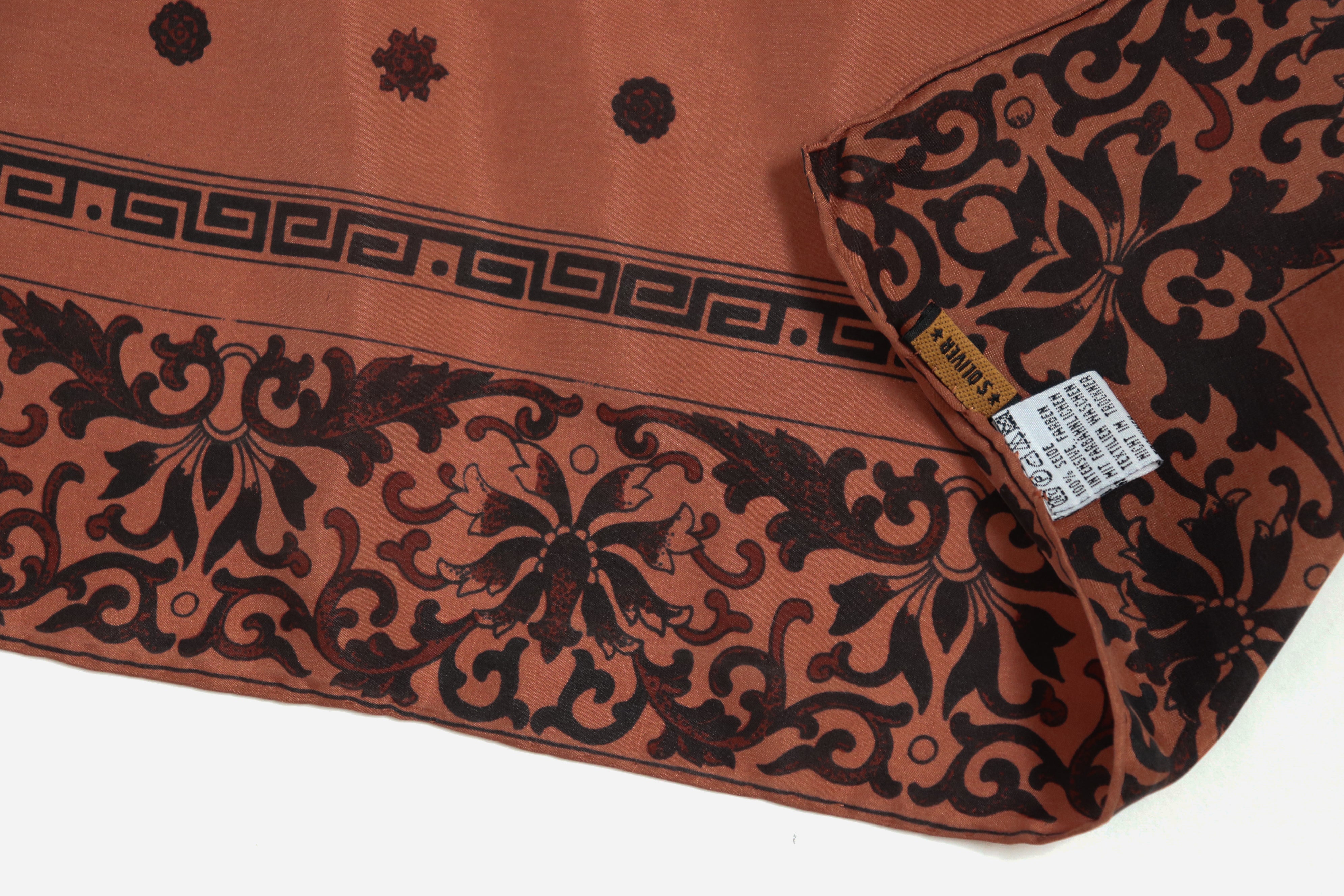 Indian Chintz Border  Silk Scarf - S Oliver - Brown -  90 x 90 - LARGE