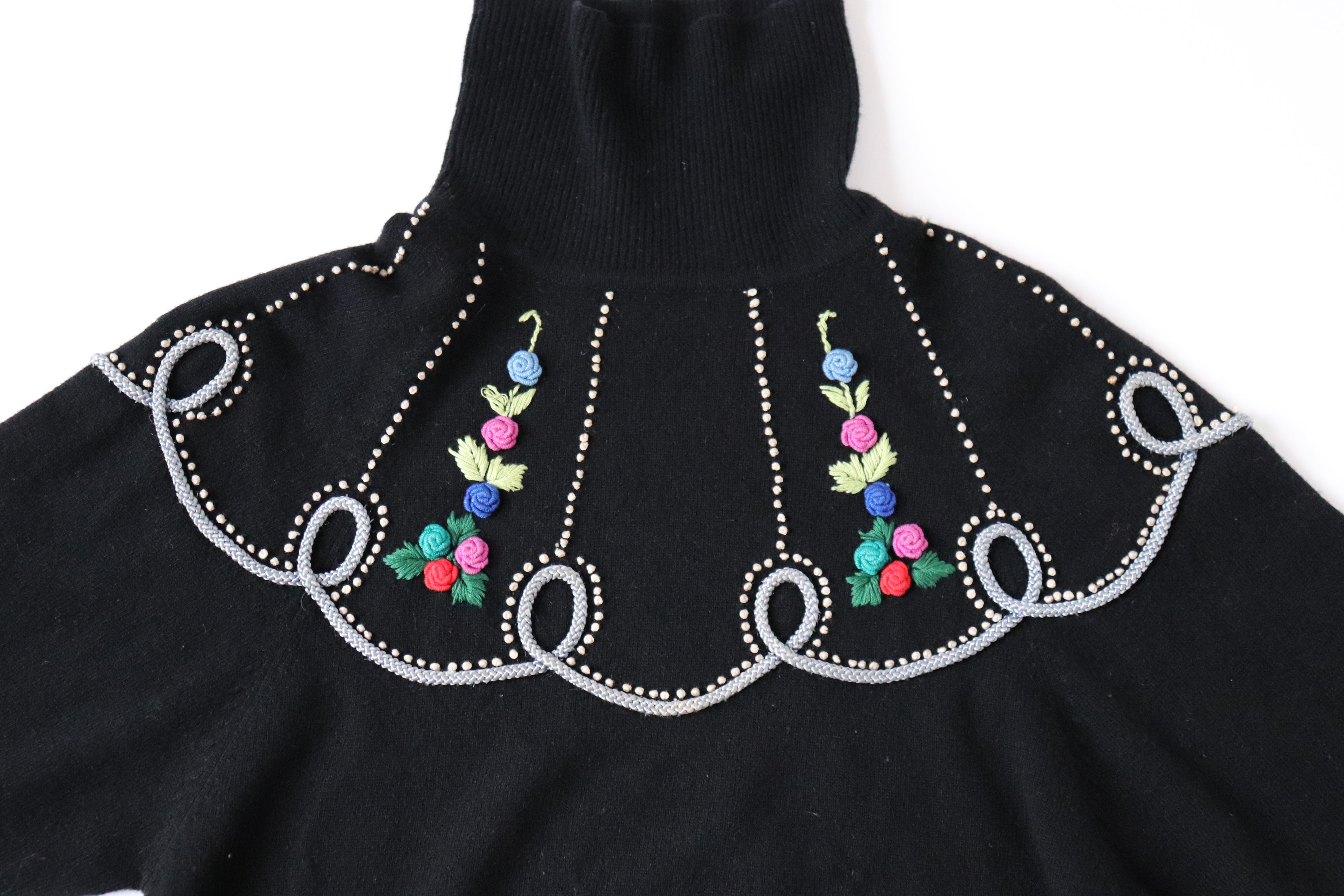 Vintage Wool Black Jumper - 1940s Style Embroidered - S / UK 10