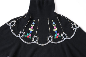 Vintage Wool Black Jumper - 1940s Style Embroidered - S / UK 10