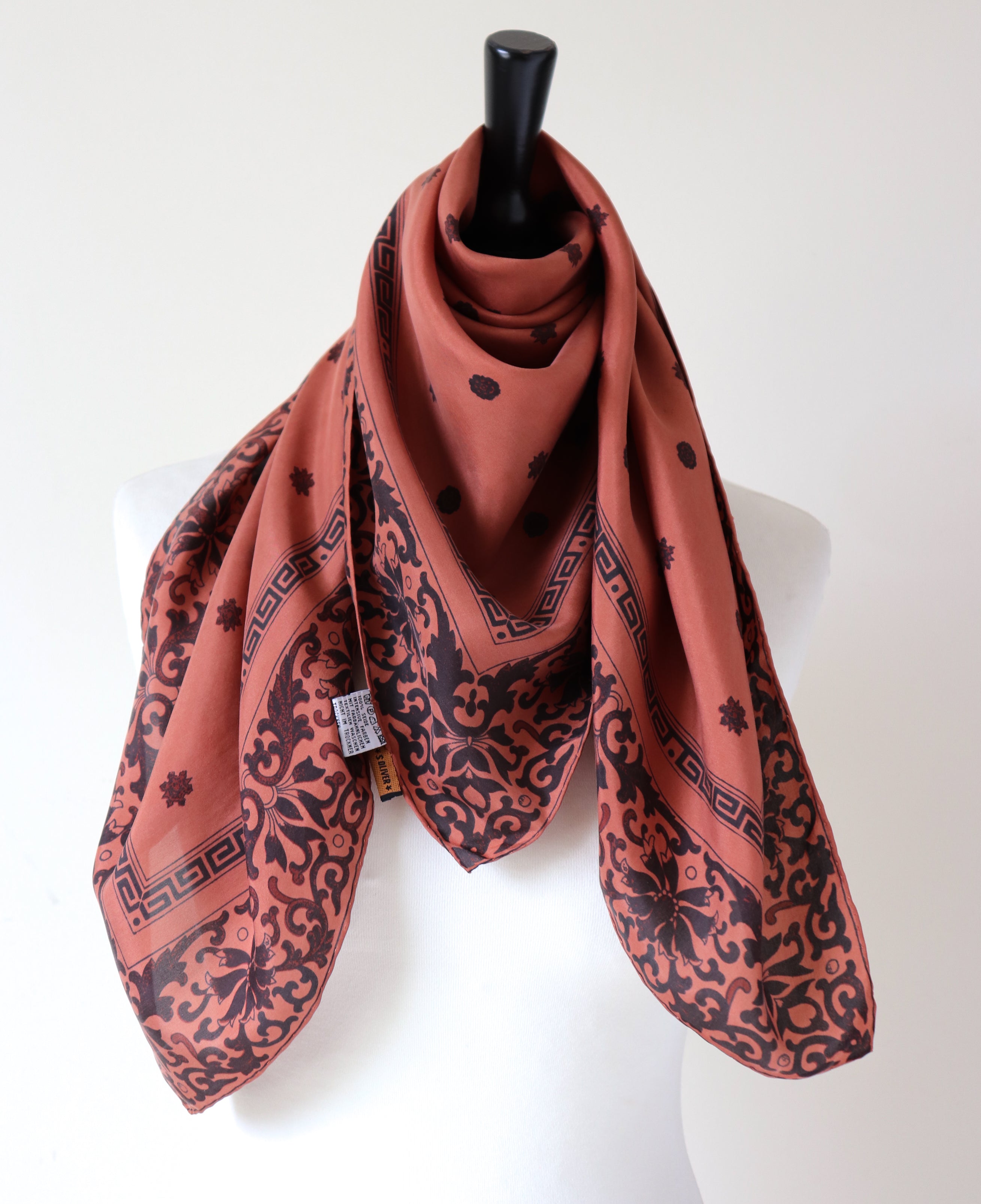 Indian Chintz Border  Silk Scarf - S Oliver - Brown - 90 x 90 - LARGE