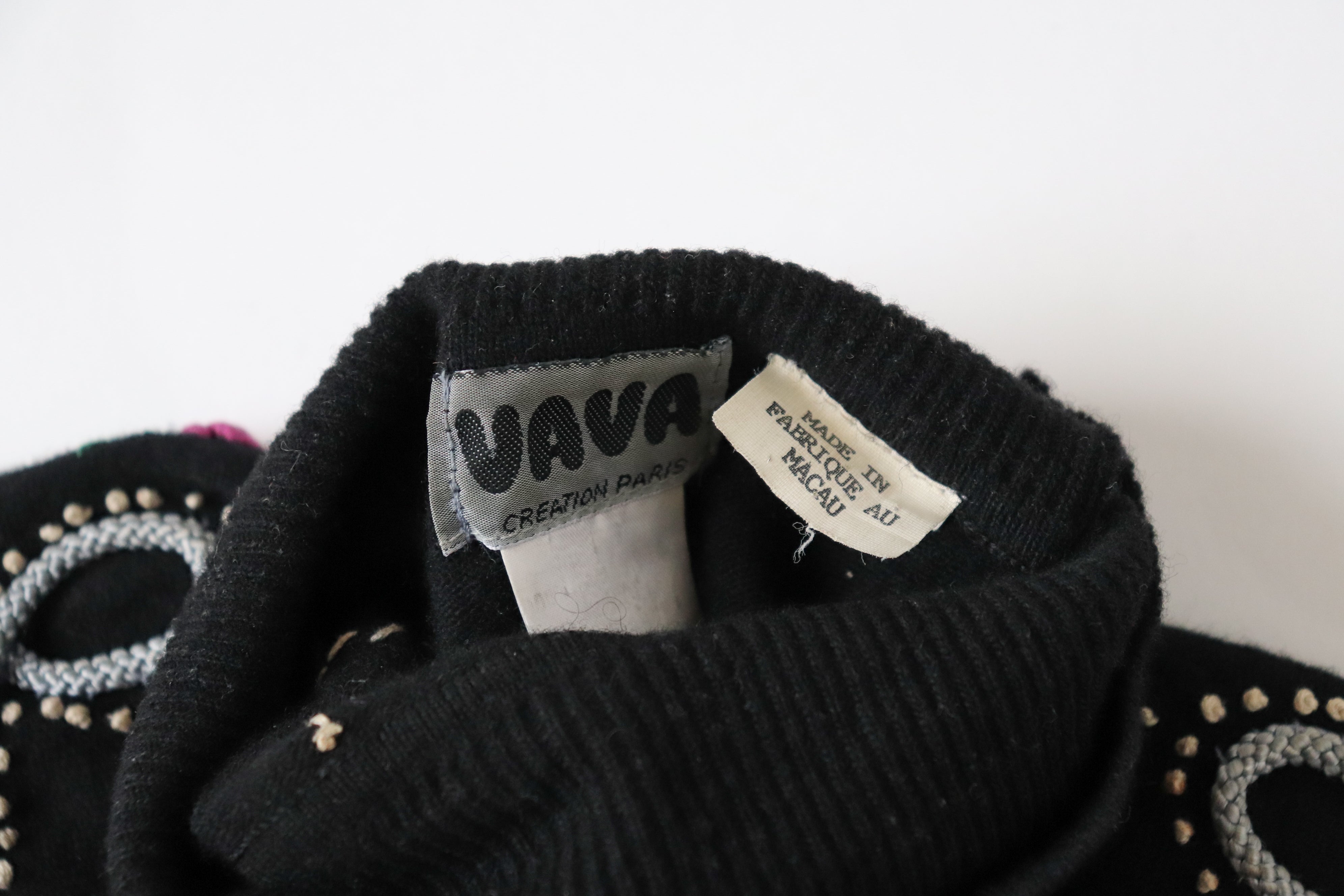 Vintage Wool Black Jumper - 1940s Style Embroidered - S / UK 10