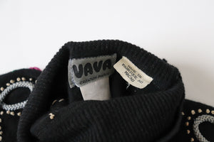 Vintage Wool Black Jumper - 1940s Style Shape / Embroidery - Cropped - S / UK 10 