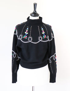 Vintage Wool Black Jumper - 1940s Style Embroidered - S / UK 10