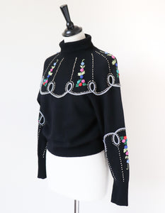 Vintage Wool Black Jumper - 1940s Style Embroidered - S / UK 10