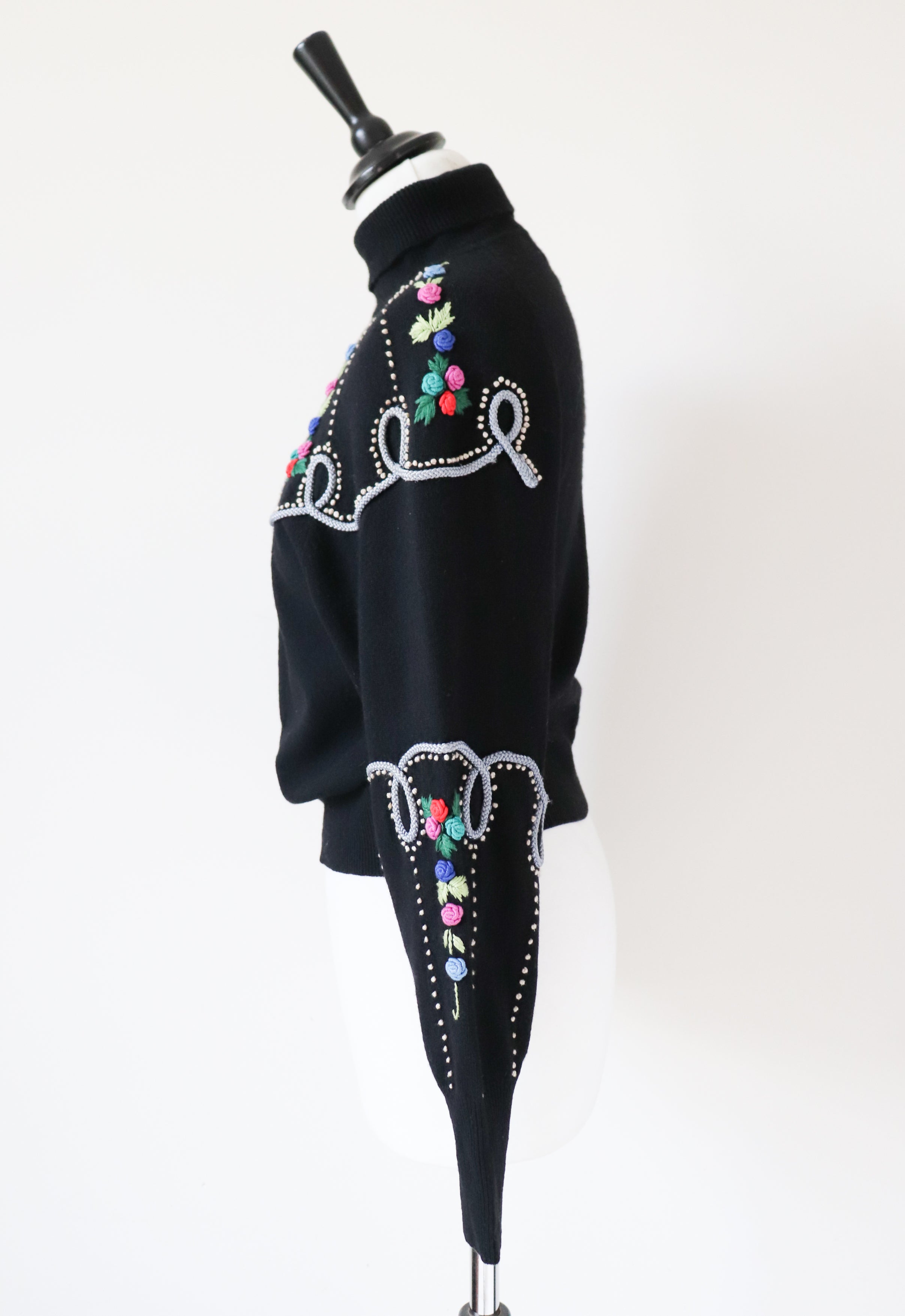 Vintage Wool Black Jumper - 1940s Style Embroidered - S / UK 10
