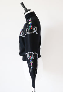 Vintage Wool Black Jumper - 1940s Style Embroidered - S / UK 10