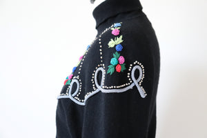 Vintage Wool Black Jumper - 1940s Style Embroidered - S / UK 10
