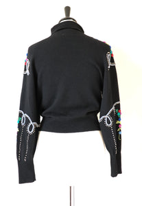 Vintage Wool Black Jumper - 1940s Style Embroidered - S / UK 10