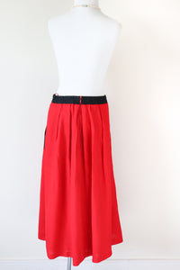 Vintage Red / Black Flared Midi Skirt -  1980s - Stretchy Waist - M / UK 12