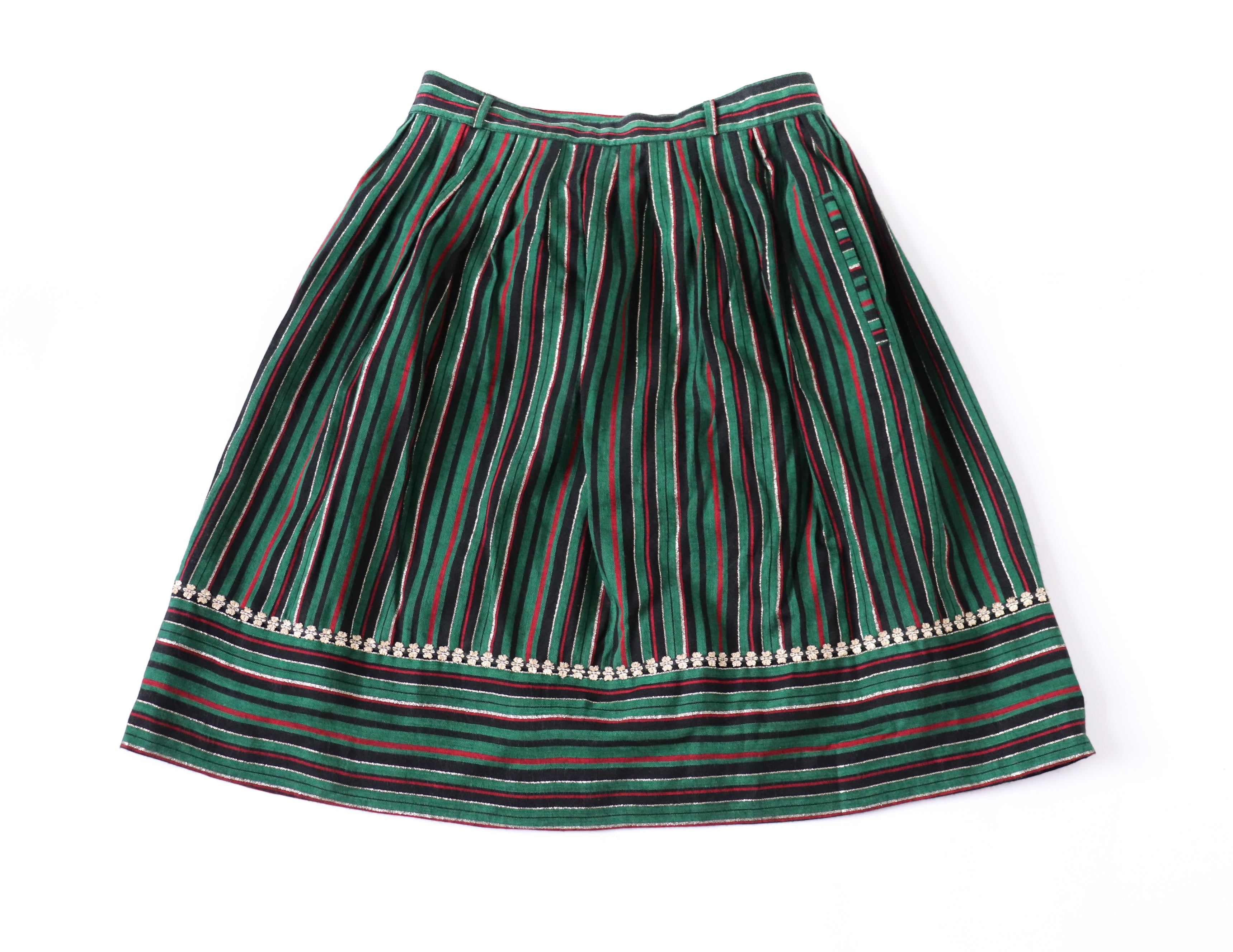 Vintage 1980s Green / Gold Striped Gathered Peasant Skirt -  XS / UK 8
