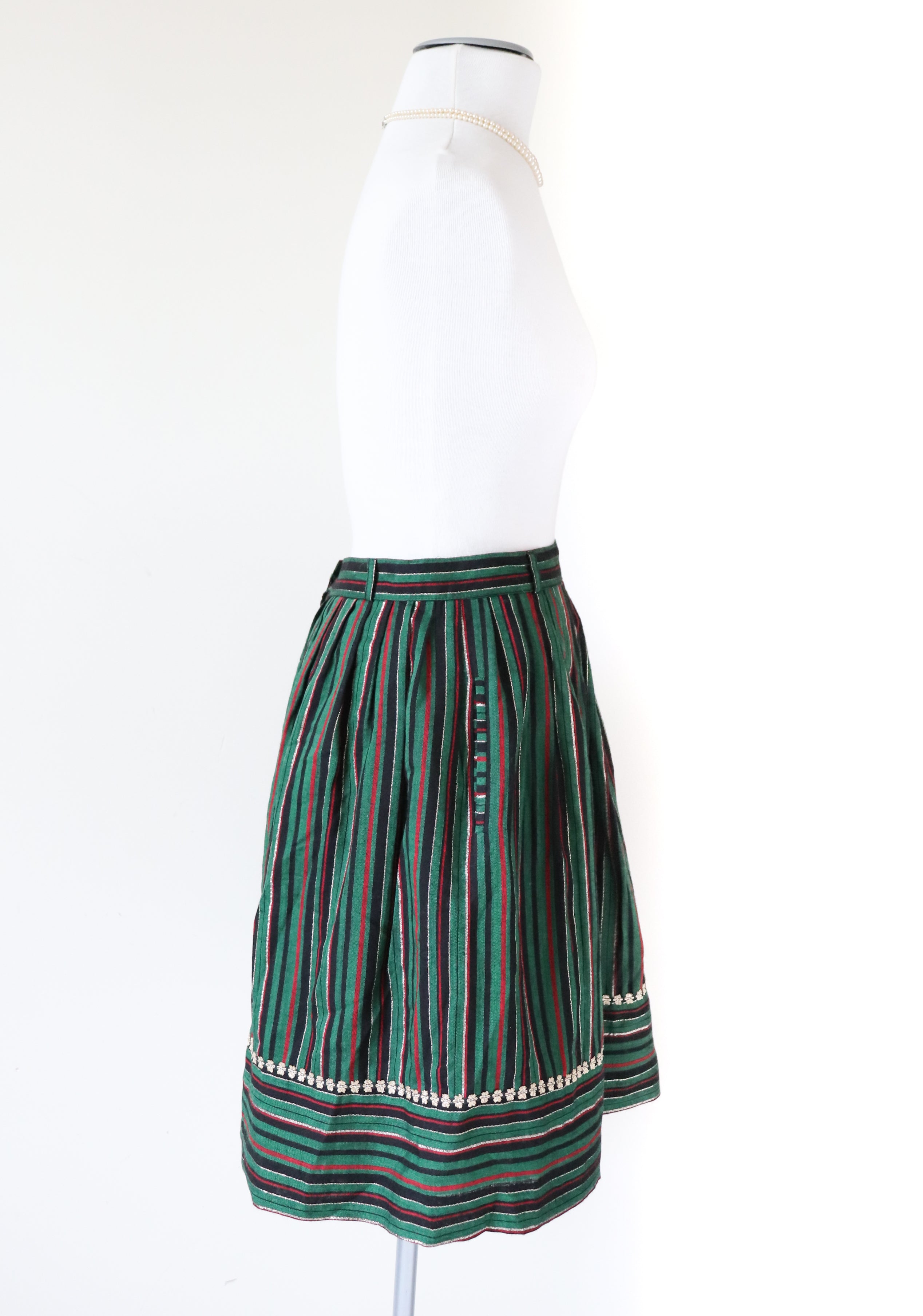 Vintage 1980s Green Gold Striped Gathered Peasant Skirt XS