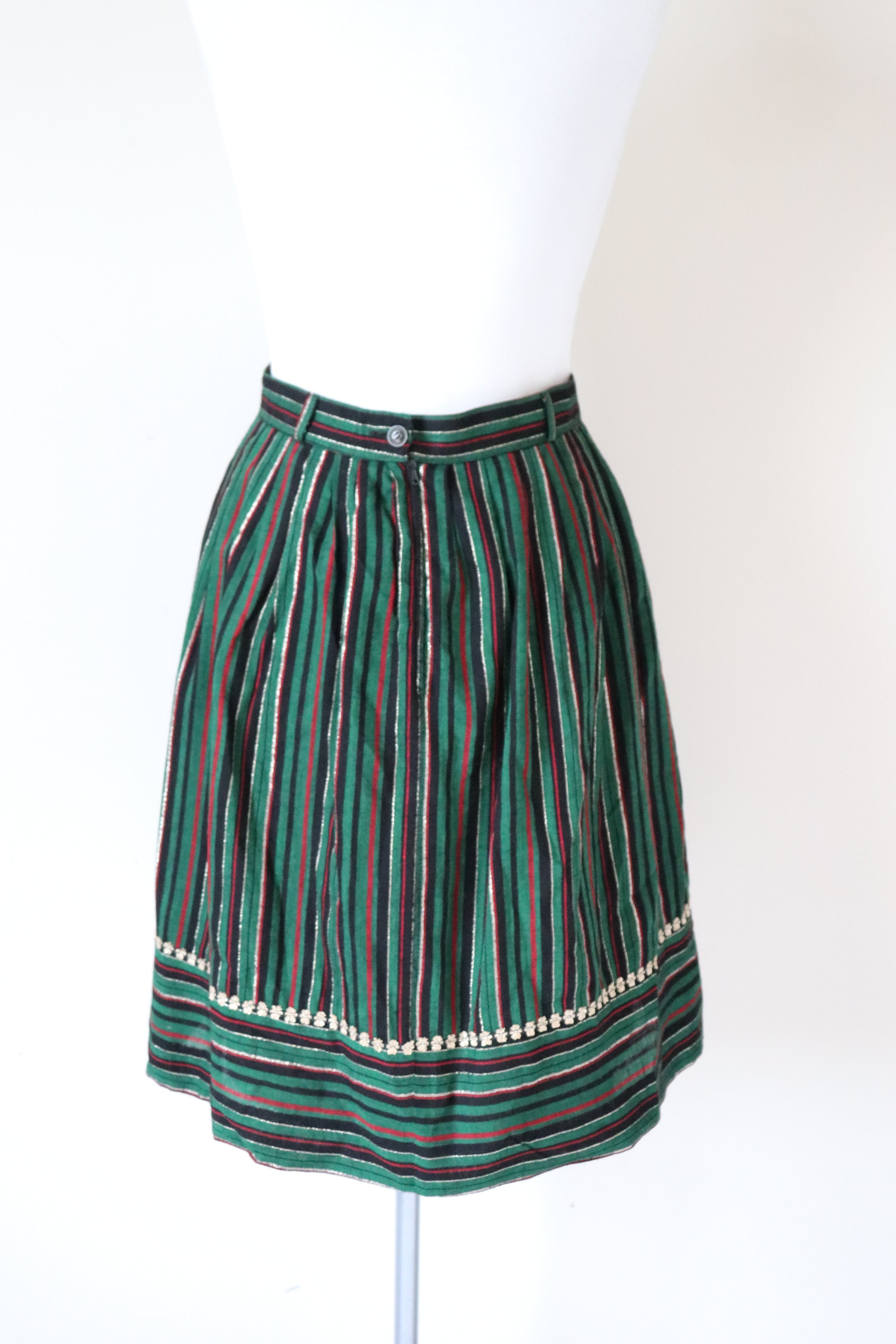 Vintage 1980s Green / Gold Striped Gathered Peasant Skirt -  XS / UK 8