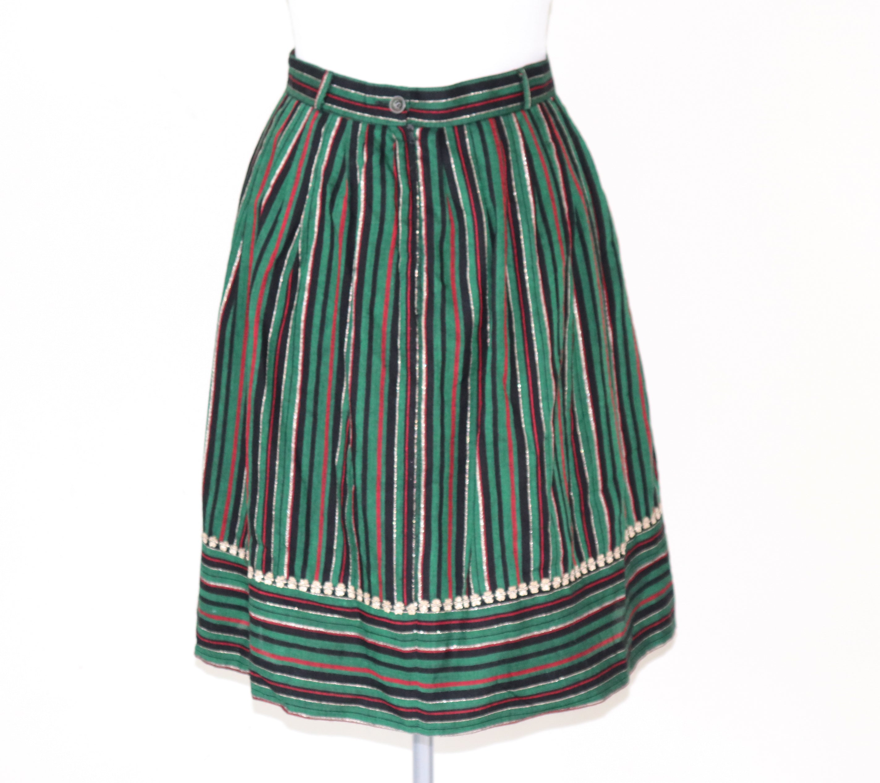 Vintage 1980s Green / Gold Striped Gathered Peasant Skirt -  XS / UK 8